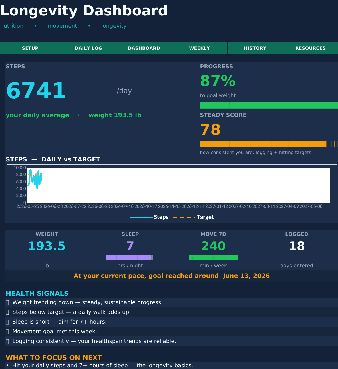 Longevity & Healthspan dashboard — the actual Excel and Google Sheets layout